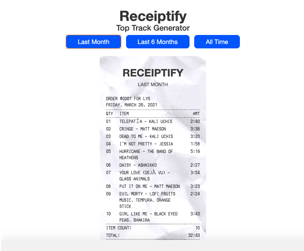 Receiptify Spotify website