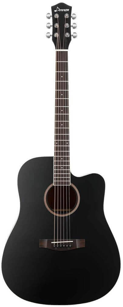 Donner Black Acoustic Guitar on a white background