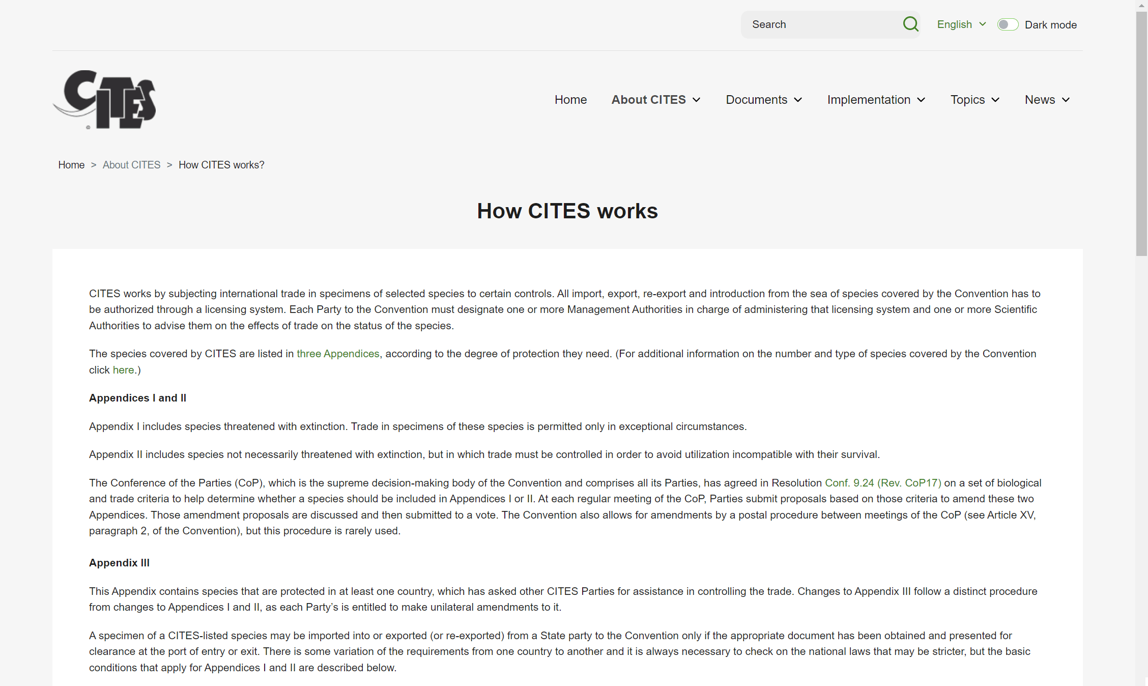 CITES homepage screenshot