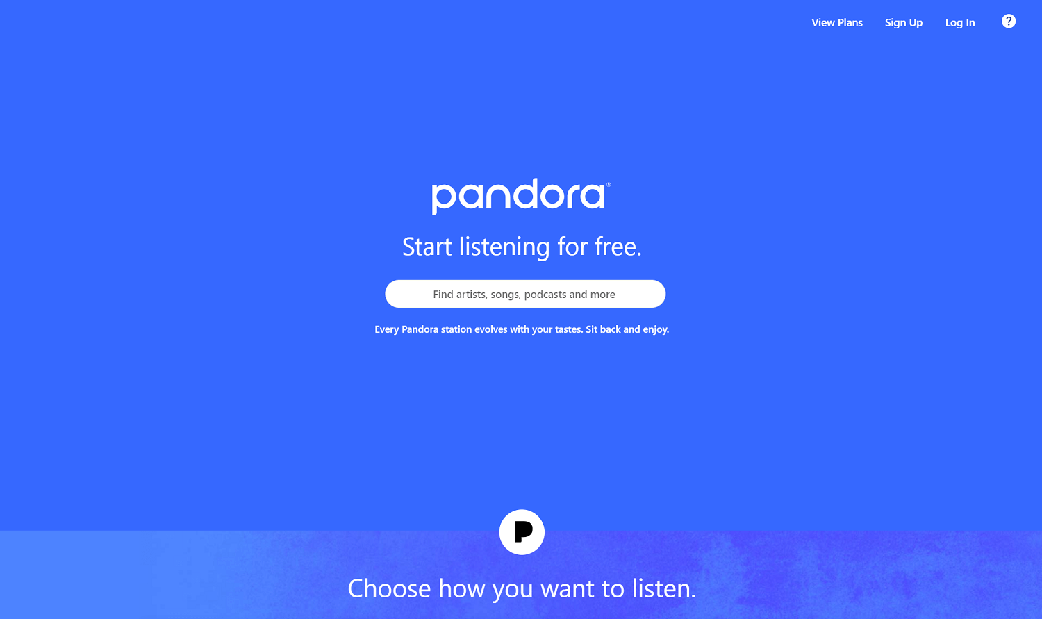 Pandora homepage screenshot