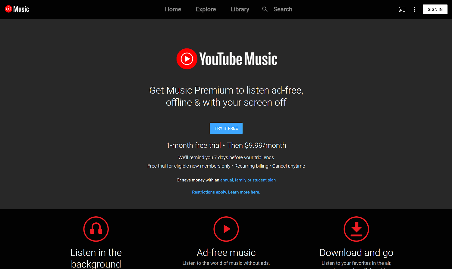 YouTube Music Premium homepage screenshot