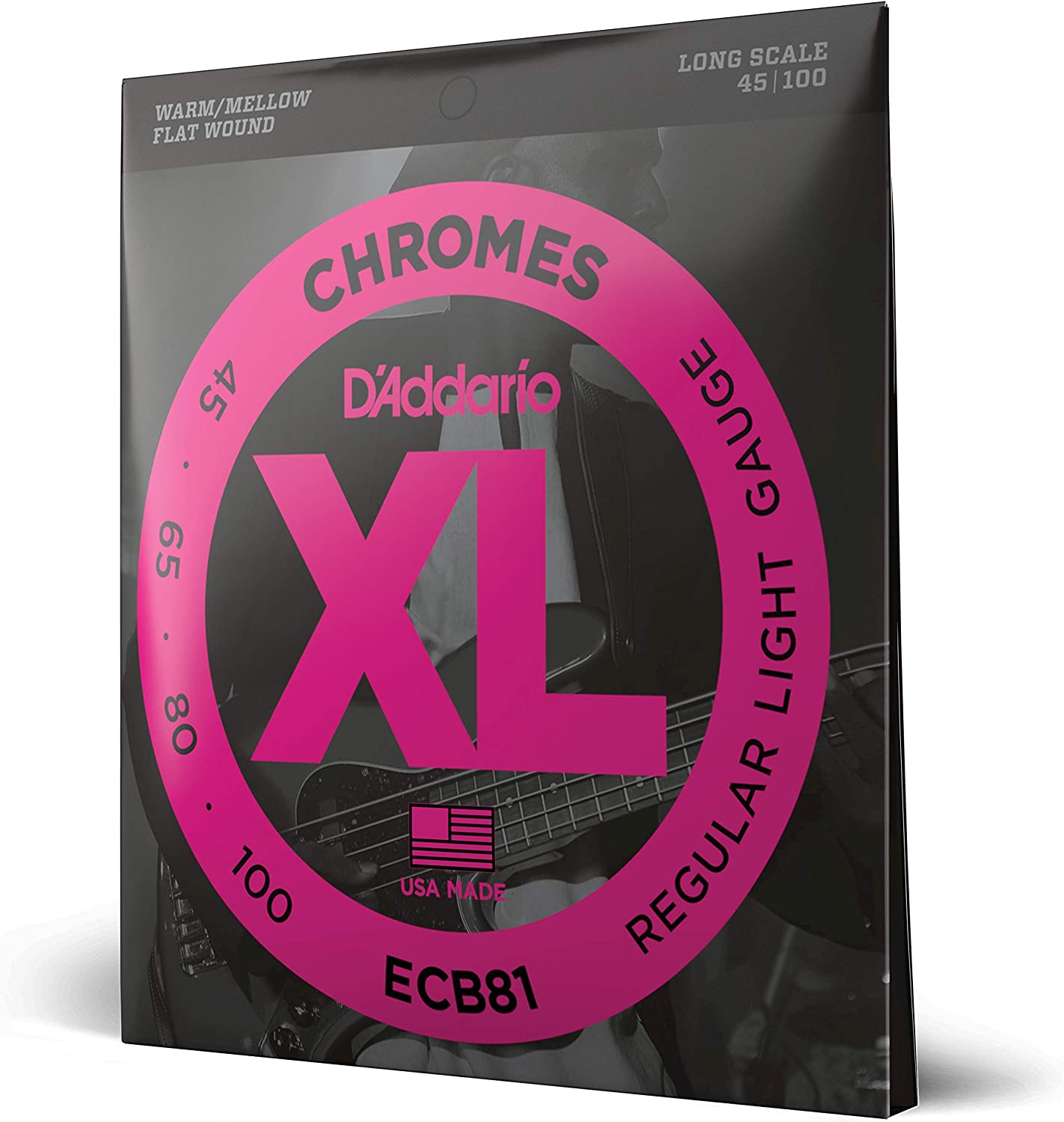 D'Addario ECB81 XL Chromes Flat Wound Bass Guitar Strings on a white background