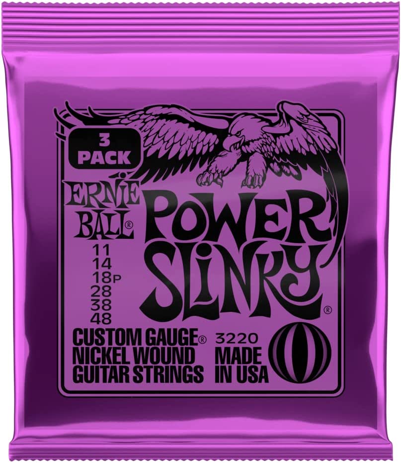 Ernie Ball Power Slinky Nickel Wound Electric Guitar Strings on a white background