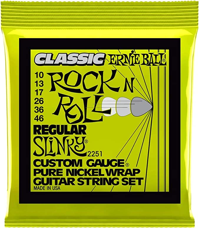 Ernie Ball Regular Slinky Classic Pure Nickel Electric Guitar Strings on a white background