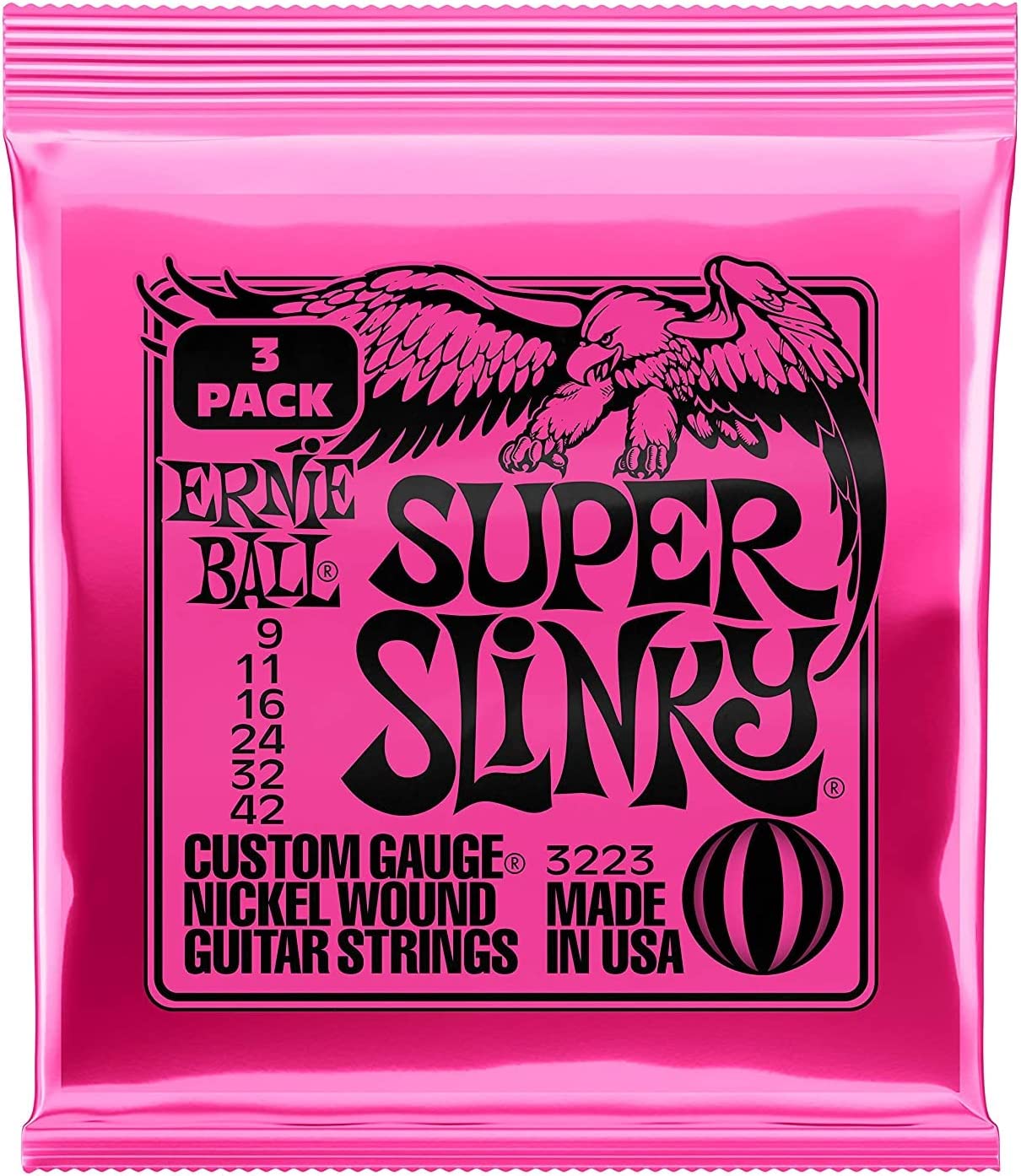 Ernie Ball Super Slinky Nickel Wound Electric Guitar Strings on a white background