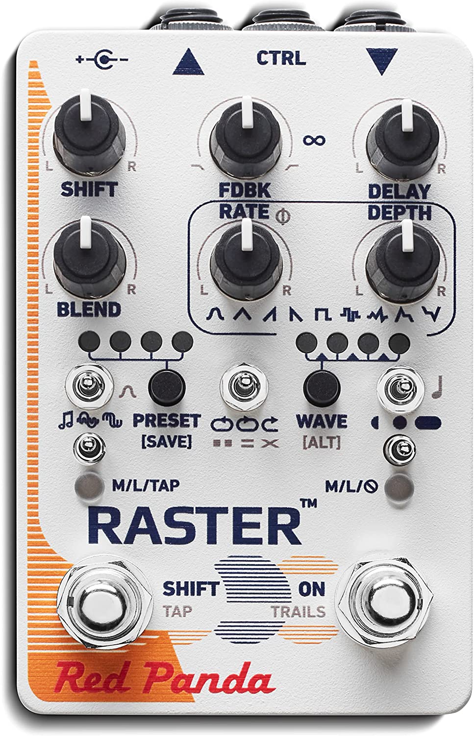 Red Panda Raster 2 Delay Pedal with Pitch Shifting on a white background