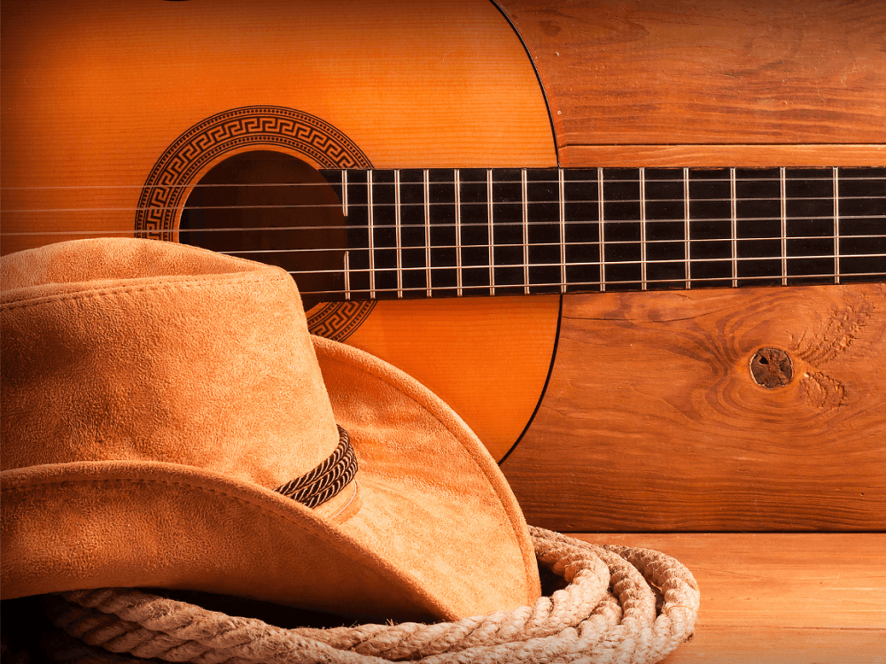 country acoustic guitar with strings and a hat