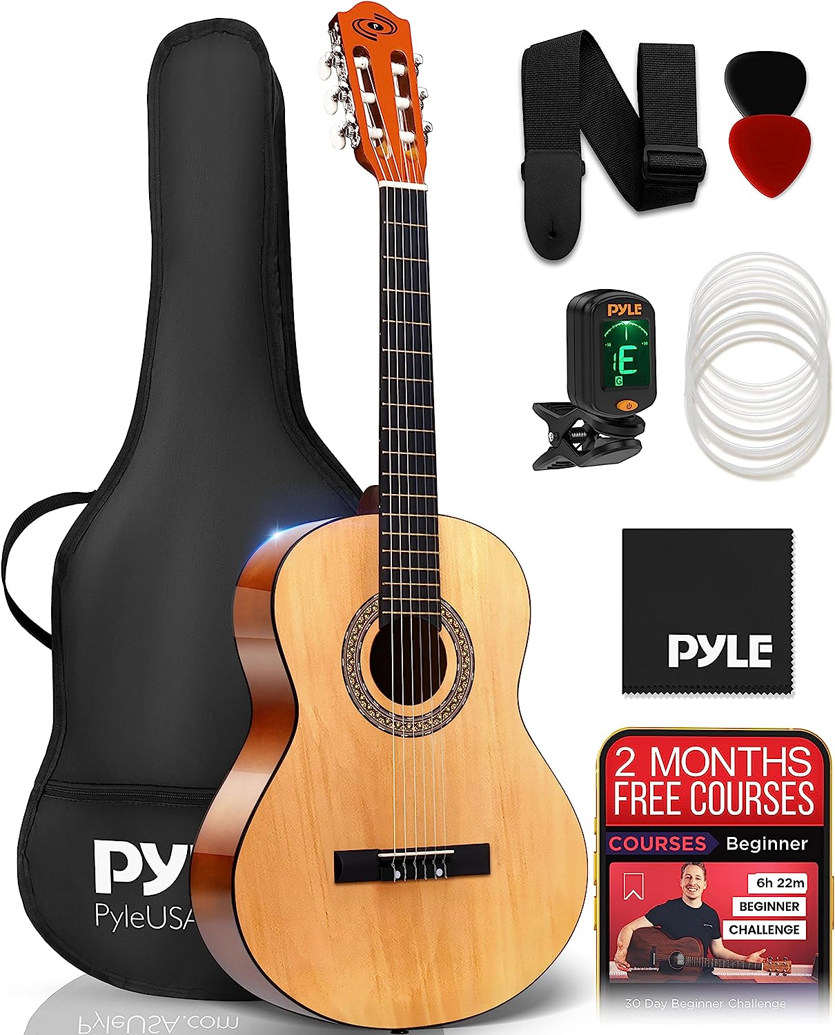 Pyle Classical Acoustic Guitar Starter Kit on a white background
