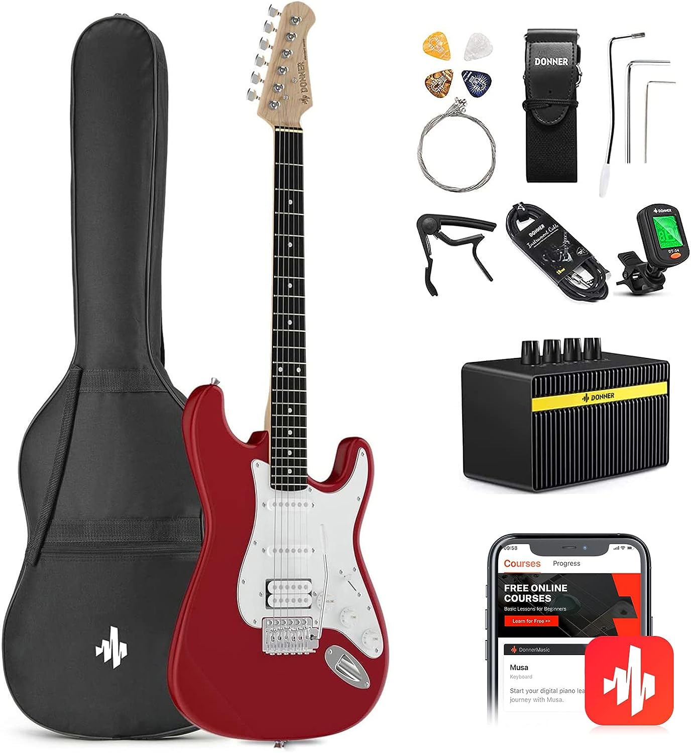 Donner DST-100R 39 Inch Electric Guitar Beginner Kit on a white background