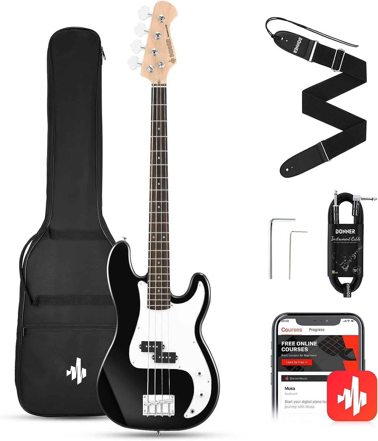 Donner Electric Bass Guitar 4 Strings Bass PB-Style Beginner Kit on a white background