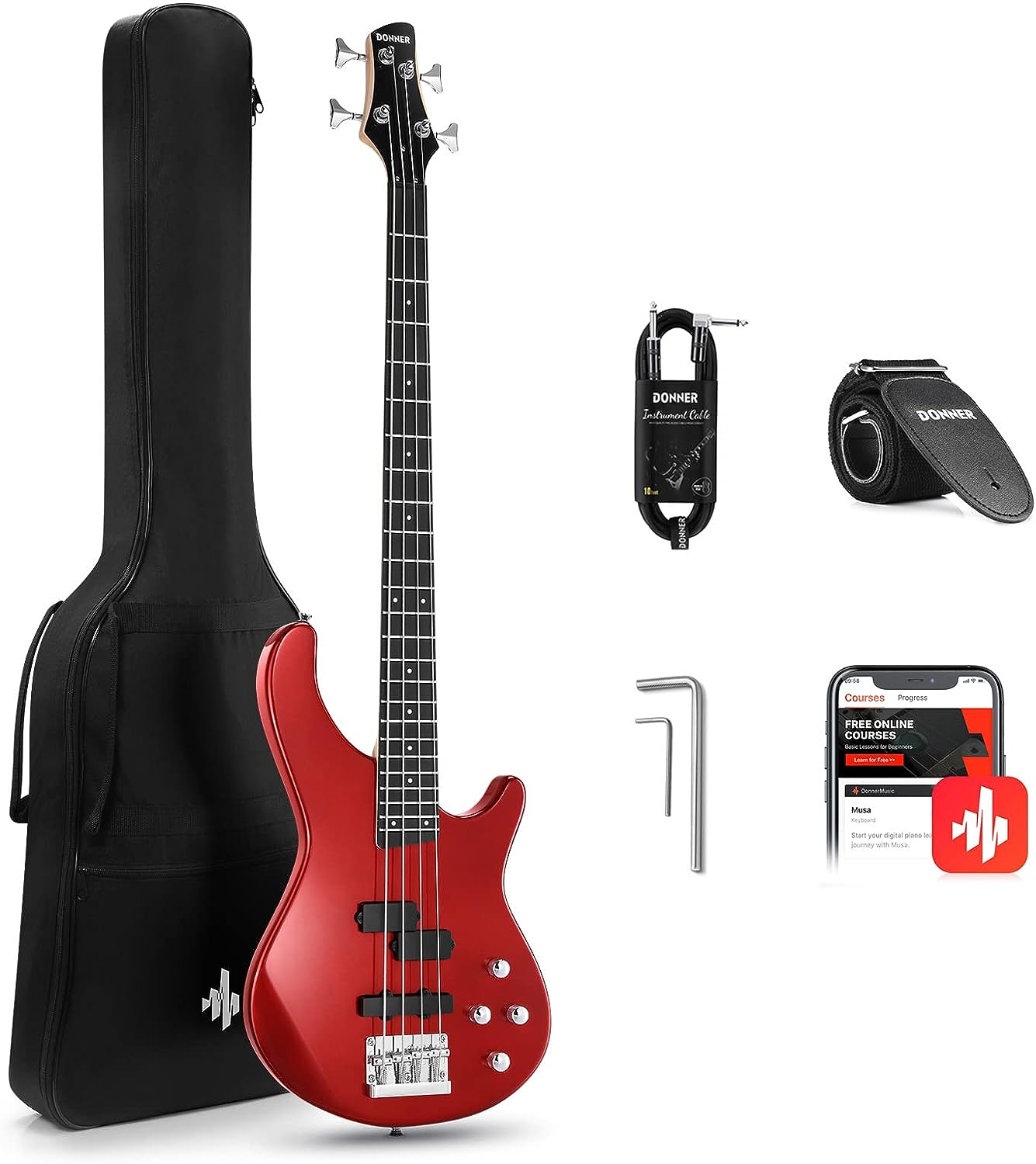 Donner Electric Bass Guitar 4 Strings Bass PJ-Style Starter Pack on a white background