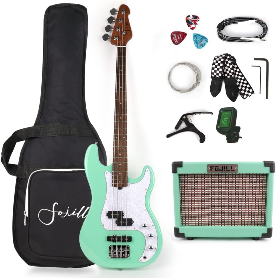 Fojill Full Size Electric Bass Guitar Guitars Beginner Kit Set on a white background